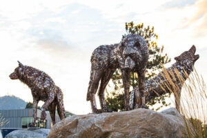 A metal sculpture of three wolves stands atop large rocks. One wolf looks forward, another lowers its head, and the third tilts its head back as if howling. The sculpture is set against a backdrop of trees and a partly cloudy sky on Thompson Rivers University campus.