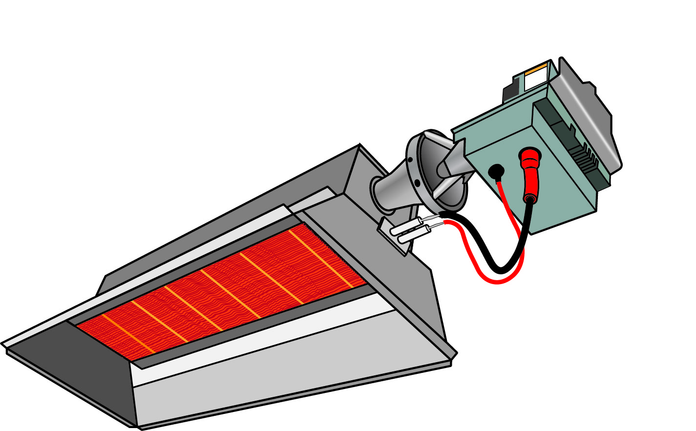 Illustration of a permanent mount suspended high-intensity infrared heater. The heater has a rectangular body with a sloped top, glowing orange and yellow front panel indicating the infrared heating elements. An electrical box with dials and switches is attached to the back, connected by a flexible conduit. Two red wires extend from the bottom, suggesting electrical connections for power.
