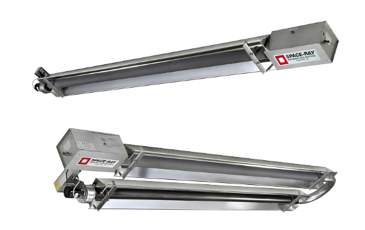 Two models of low-intensity infrared heaters are displayed against a white background. The top heater is slender and elongated, with a polished metallic finish and a rectangular housing unit at one end labeled “SPACE-RAY.” The bottom heater has a similar design but includes an additional reflective panel beneath the heating element, enhancing its intensity.