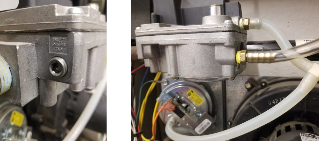 Close-up images of a gas valve in a furnace system. The left image shows a close-up of the gas valve with a capped port, while the right image provides a wider view, showing the gas valve connected to clear tubing and other furnace components.