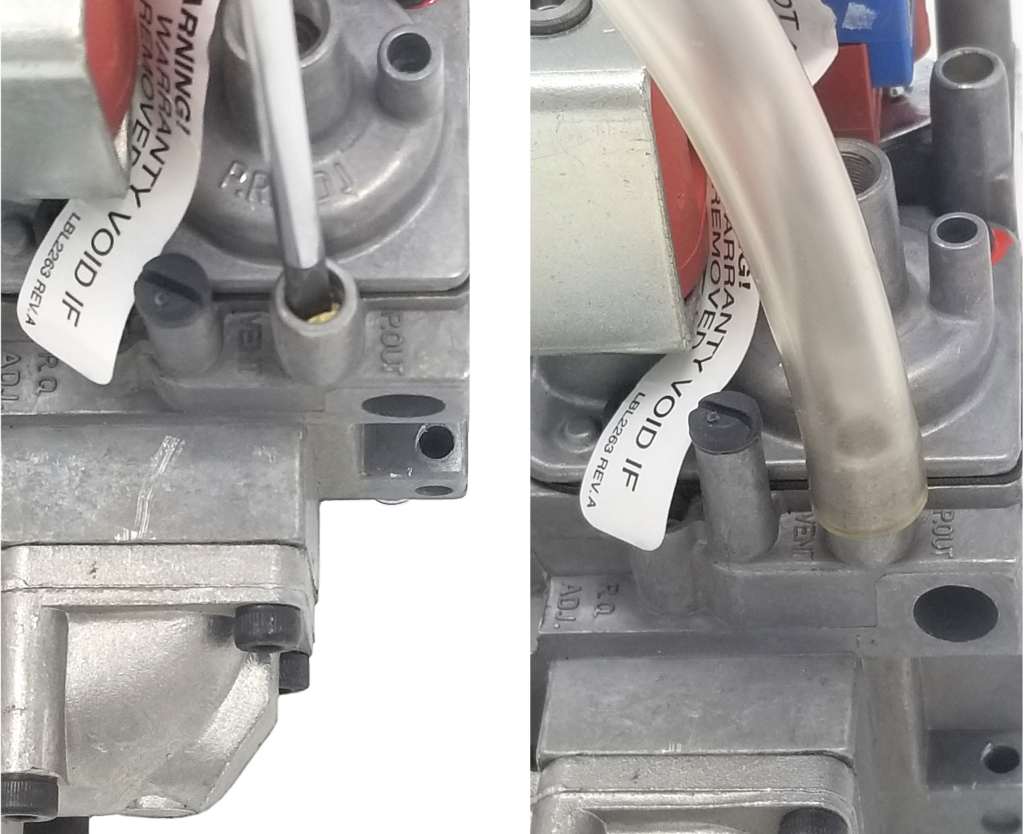 Two close-up images of a gas valve assembly showing different angles. Both images highlight various ports labeled P.OUT and VENT, with a white tubing attached to one of the ports in the right image. A partially peeled warning label is also visible, indicating that the warranty is void if the label is removed.
