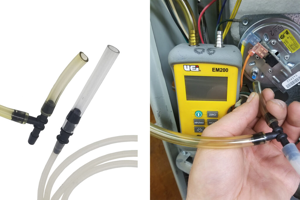 Two images side by side. The left image shows a set of clear and yellowish tubes connected to a black T-connector. The right image depicts a hand holding the same tubing setup connected to a yellow UEi EM200 differential pressure manometer, with the other end of the tubing attached to a component inside a furnace. The manometer is used for measuring gas pressure, and various colored wires are visible in the background.