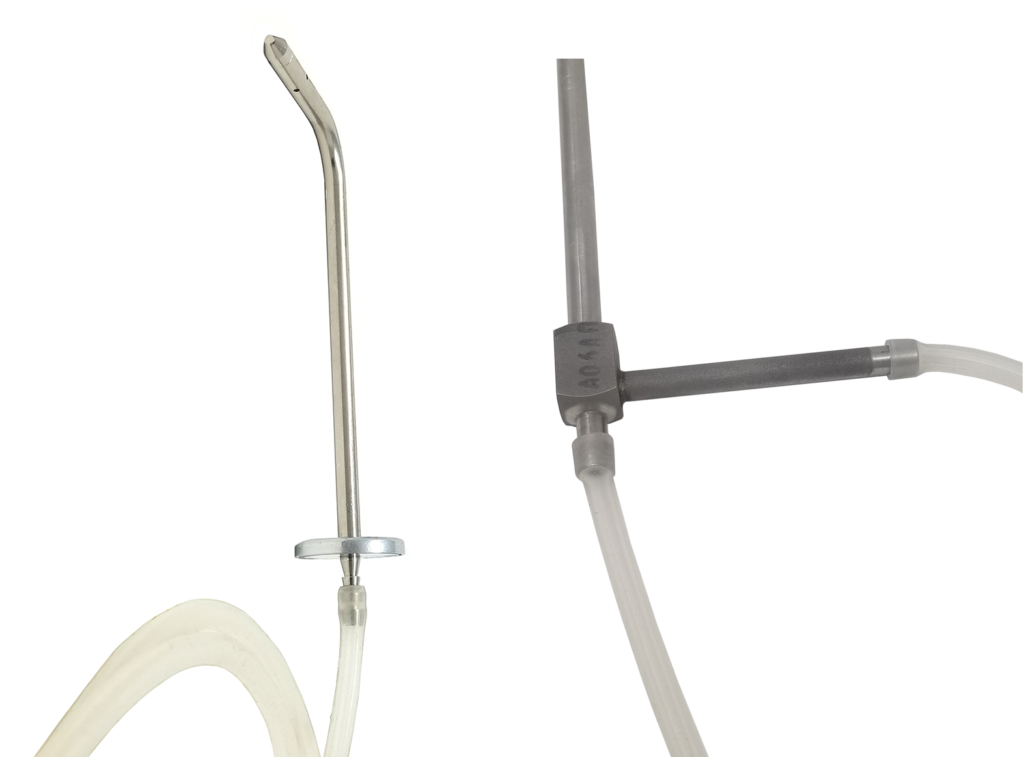 Two images side by side. The left image shows a metal pitot tube with a plastic tube attached at the bottom, used for measuring airflow. The right image displays a close-up of a T-shaped plastic connector with attached clear tubes, typically used for differential pressure measurements in HVAC systems.