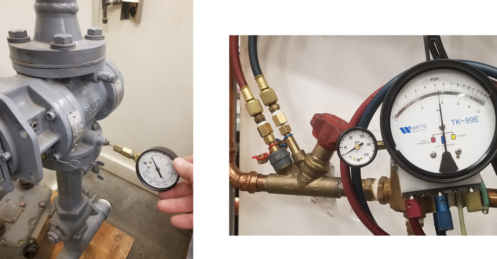 Two separate images side by side. The image on the left shows a gray industrial valve or pump assembly with a person’s hand holding a pressure gauge attached to the system. The image on the right displays a set of connected brass fittings and valves, with two pressure gauges attached. One large gauge reads 'PSID' with a scale ranging from 0 to 1.0, labeled as 'TK-99E' by Watts, and a smaller gauge showing a PSI scale up to 200.
