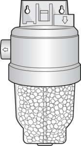 An unlabeled diagram of an acid neutralizer. The upper potion includes a hanging mounting bracket and an arrow showing where the influent goes in on top, and then a short pipe on the side where the neutralized effluent goes out. This sits on a cylindrical container below which contains small, round, gravel pellets and a distributing tube in the center of the gravel.