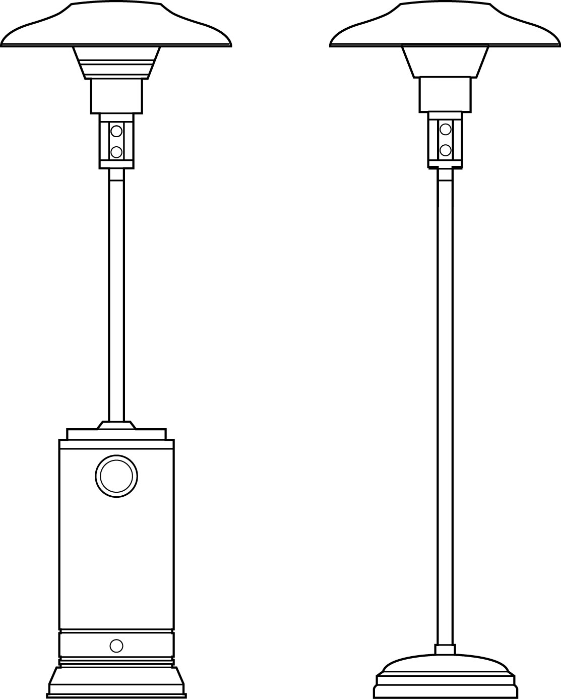 An illustration of two portable parasol infrared heaters. The heater on the left has a square base with a control panel and a circular button in the center. It supports a straight, slender pole that extends upwards to hold an umbrella-shaped top housing the heating element. The heater on the right has a similar design with a round base and an elongated pole leading to an identical umbrella-shaped top. Both heaters are designed for portability and outdoor use, providing targeted warmth by radiating infrared heat from above.