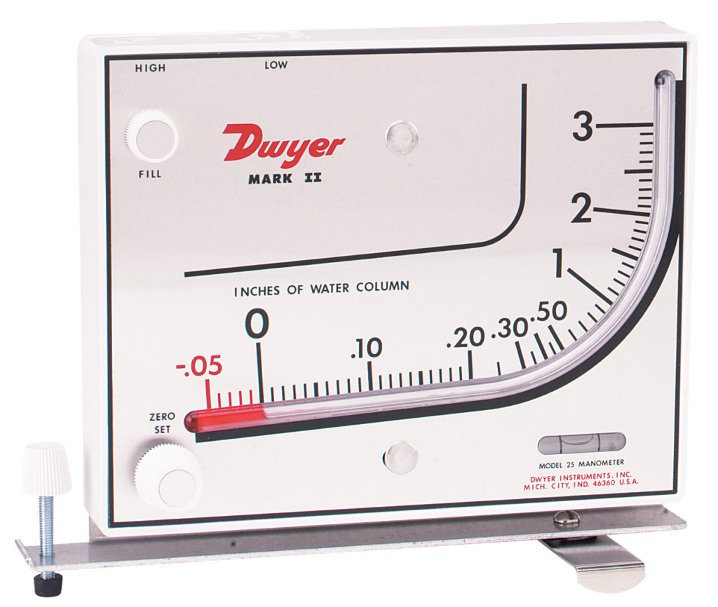 Image of a Dwyer Mark II Model 25 manometer, calibrated in inches of water column. The device displays measurements ranging from -0.05 to 3 inches of water, with a red fluid indicating the current pressure reading. The manometer has adjustment knobs for zero setting and is mounted on a metal base.