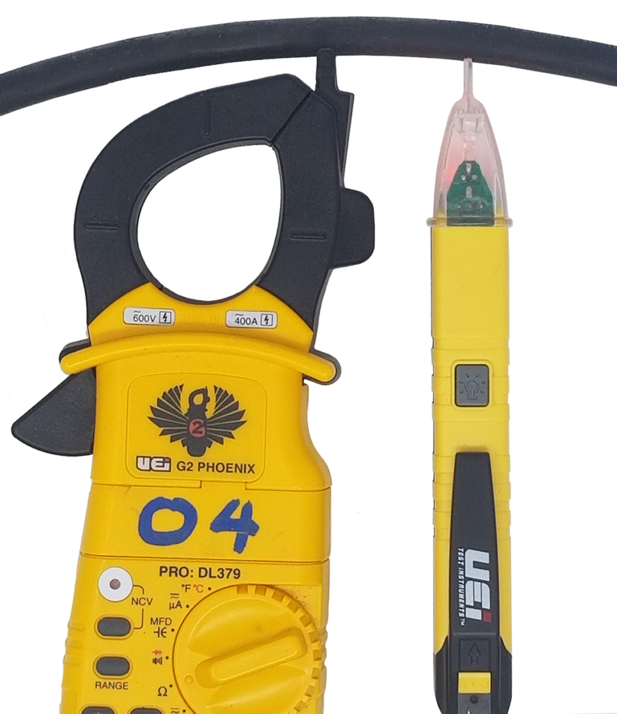 A digital clamp meter, model UEi G2Phoenix Test Instruments PRO: DL379 and a smaller instrument to the right. The right meter has a digital screen. On the left instrument there are various buttons and settings indicate its multifunctional capabilities, including options for AC/DC voltage, resistance, and continuity checks.