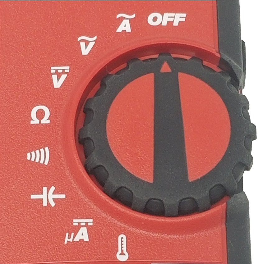 Close-up of a red multimeter dial with various symbols around it indicating different measurement settings. The dial is currently set to the off position. Surrounding this off symbol are icons for direct current (DC) voltage, alternating current (AC) voltage, resistance (ohm), continuity check (sound waves), direct current (DC) amperage in milliamps and microamps.