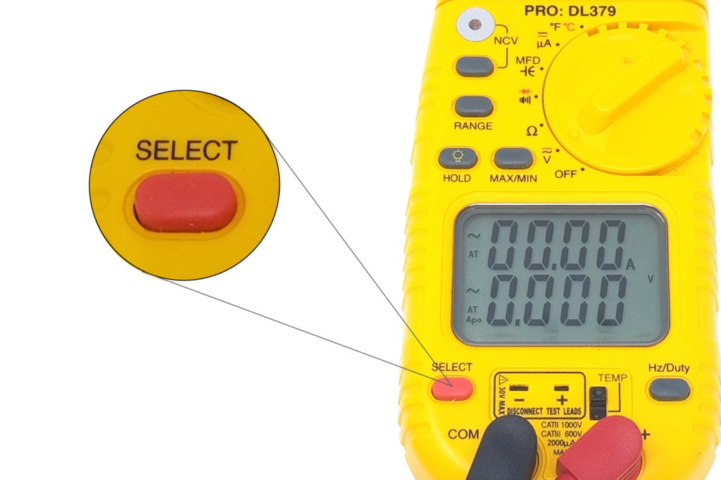 Close-up of a digital multimeter, a tool used for measuring electrical values such as voltage, current, and resistance. The multimeter is yellow with a red ‘SELECT’ button highlighted. The display screen shows the numerical reading ‘0.000,’ indicating it is currently not measuring any electrical value or is at zero state.