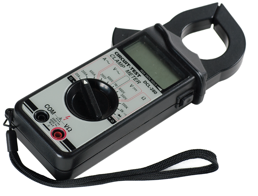 A digital clamp meter, a device used for measuring electric current without needing to make direct contact with the circuit. The meter has a black body with a digital screen at the top, a rotary switch in the center to select different modes of measurement, and two input jacks labeled ‘COM’ and ‘VΩ’ at the bottom. A clamp mechanism is positioned on one side of the device, designed to encircle electrical conductors. The meter also has a wrist strap attached for easy handling. This tool is relevant for its use in electrical work to safely measure currents with precision.