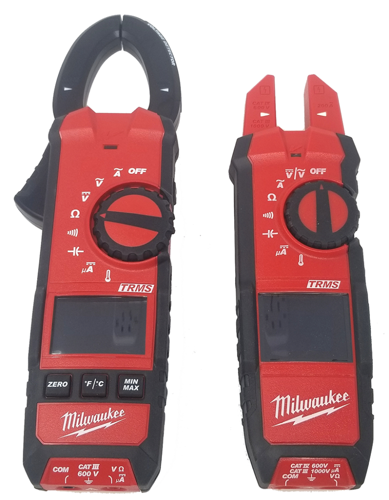 Two Milwaukee digital clamp meters. The left meter is in the closed position with its clamp, while the right meter has its clamp open. Each device features a central rotary switch to select different modes of measurement, a digital screen above the switch, and several buttons below for various functions such as power on/off and holding a reading. These tools are used for measuring electrical currents without direct contact with the conductor.