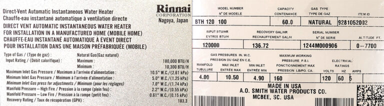 Water heater rating plates.